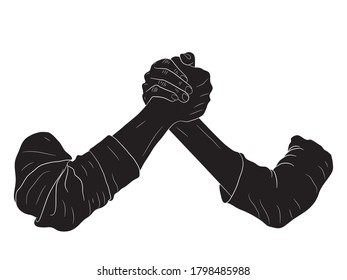 This illustration of two hands holding each other marks their success and achievement in the implementation of a large project. Single line drawing of business concept. Armwrestling. Trust sign. Vecto