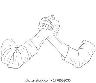 This illustration of two hands holding each other marks their success and achievement in the implementation of a large project. Single line drawing of business concept. Armwrestling. Trust sign. 