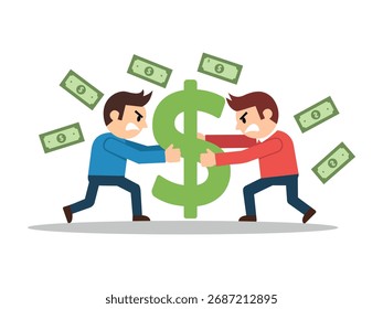 This illustration of two men arguing or fighting over a large dollar sign depicts competition or conflict over money. The flat design style, with bright colors, features flying banknotes surrounding t