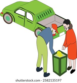 This illustration of two people lifting a garbage can into a truck conveys a message of community responsibility, teamwork, and environmental care, making it suitable for awareness campaigns,