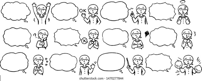 This is a illustration of Upper body of woman wearing a dress face and pose with Speech Balloon