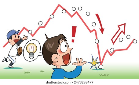 Esta ilustración utiliza el béisbol para comparar las tendencias del mercado de valores de tocar fondo y rebotar.