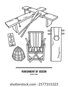 This illustration is a variety of punishments from Korea's Joseon Dynasty. There are konjang, juri, and torture devices.