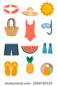 This is an illustration of various beach-related items. These are common items people use or bring when going to the beach for swimming, relaxation, and fun activities. Set of summer stuff elements