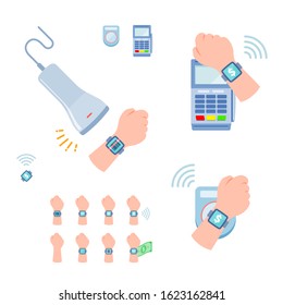 This is an illustration of various payment methods using a smartwatch.
This is a neat vector illustration with no outline.
