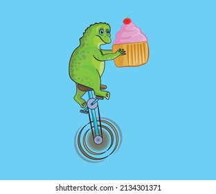 this illustration vektor design with frog bring cup cake to delivery order riding one stand bike 
