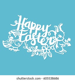 This illustration is a vintage paper cut easter bunny chicks flowers decoration. The paper cut lace is composed of flowers, leaves, vines, easter bunny, chick, and happy easter phrase.
