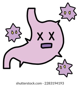 This is an illustration of a virus and an unwell stomach deformed like a character. It is an image of illness such as food poisoning.