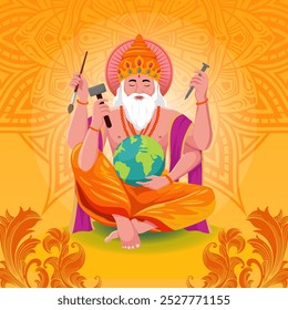 Esta ilustración de la celebración de Vishwakarma Puja representa una atmósfera llena de entusiasmo y reverencia por el Señor Vishwakarma, el arquitecto divino en la mitología hindú.