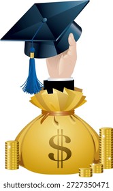 This illustration visually represents the financial aspects of higher education, linking a graduation cap with money and gold coins to convey concepts such as tuition costs, scholarships, student loans, and the return on educational investment. It highlights the intersection of learning and financial planning, making it ideal for content focused on education funding, budget management, and academic preparation. The imagery emphasizes the importance of managing expenses and maximizing opportunities in college or university, while symbolically connecting achievement with monetary considerations. Designed in a clear and engaging style, the illustration works well for articles, blog posts, infographics, presentations, and educational resources addressing student finances, scholarship programs, and investment in learning. The combination of a graduation cap and coins conveys both success and responsibility, encouraging viewers to consider the economic side of pursuing higher. Perfect for digital media, print publications, or marketing materials, this artwork communicates key ideas such as literacy, planning for tuition, understanding loans, and navigating scholarships. Its versatile design allows integration into resources for students, parents, educators, and institutions, making complex topics more approachable and visually appealing. This illustration can be used to support content about cost-effective strategies, funding opportunities, academic investment returns, and personal management in an academic context. With bright, recognizable elements, the artwork conveys professionalism and clarity while remaining visually engaging for diverse audiences. It is especially suitable for educational platforms, advice articles, e-learning content, and guides on responsible money management for students pursuing higher . By connecting symbols of learning and wealth, the image effectively communicates the balance academic achievement.