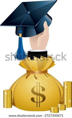This illustration visually represents the financial aspects of higher education, linking a graduation cap with money and gold coins to convey concepts such as tuition costs, scholarships, student loans, and the return on educational investment. It highlights the intersection of learning and financial planning, making it ideal for content focused on education funding, budget management, and academic preparation. The imagery emphasizes the importance of managing expenses and maximizing opportunities in college or university, while symbolically connecting achievement with monetary considerations. Designed in a clear and engaging style, the illustration works well for articles, blog posts, infographics, presentations, and educational resources addressing student finances, scholarship programs, and investment in learning. The combination of a graduation cap and coins conveys both success and responsibility, encouraging viewers to consider the economic side of pursuing higher. Perfect for digital media, print publications, or marketing materials, this artwork communicates key ideas such as literacy, planning for tuition, understanding loans, and navigating scholarships. Its versatile design allows integration into resources for students, parents, educators, and institutions, making complex topics more approachable and visually appealing. This illustration can be used to support content about cost-effective strategies, funding opportunities, academic investment returns, and personal management in an academic context. With bright, recognizable elements, the artwork conveys professionalism and clarity while remaining visually engaging for diverse audiences. It is especially suitable for educational platforms, advice articles, e-learning content, and guides on responsible money management for students pursuing higher . By connecting symbols of learning and wealth, the image effectively communicates the balance academic achievement.