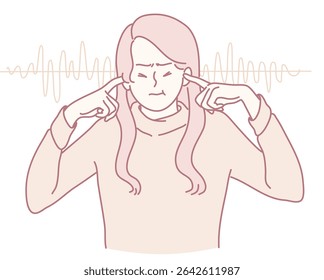 Esta ilustração retrata vividamente uma mulher bloqueando seus ouvidos, ilustrando seu desconforto causado por sons altos