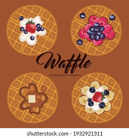 This is an illustration of a waffle with fruit, fresh cream, and maple syrup.