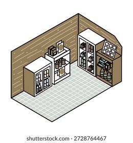 Esta es una ilustración de un almacén o espacio de almacenamiento utilizado en el área posterior de ​​una tienda o instalación.