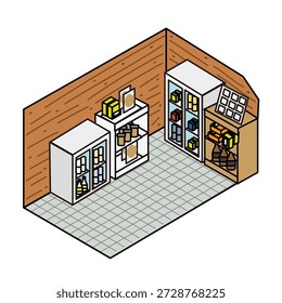 Esta es una ilustración de un almacén o espacio de almacenamiento utilizado en el área posterior de ​​una tienda o instalación.
