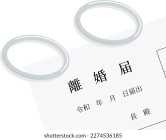 This is an illustration of a wedding ring and a divorce decree. The meaning of the written Japanese is "divorce notice," the date, and the destination.