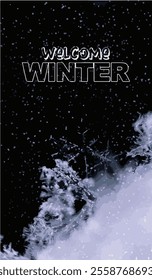 In this Illustration "Welcome Winter snowy background with delicate snowflakes, frosty textures, and night sky."