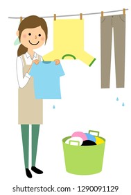 This is an illustration where a woman wearing an apron hangs the laundry.