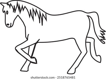 Esta ilustração de um cavalo branco é elegantemente delineada em negrito preto, criando um contraste nítido e limpo. O corpo do cavalo é preenchido com branco puro, enquanto o contorno preto define seu gracioso