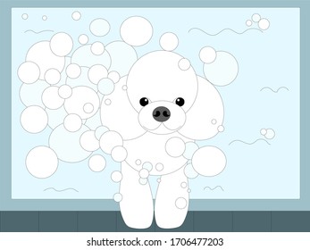 Diese Illustration ist ein weißer Welpe, der ein Bad nimmt.