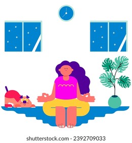 This is an illustration of a woman doing yoga at home to unify her mind and relax.