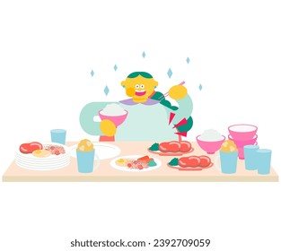 This is an illustration of a woman eating a lot of delicious food.