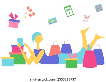 This is an illustration of a woman enjoying shopping at home.