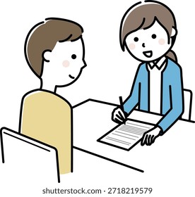 Esta es una ilustración de una mujer explicando algo mientras mira un documento y un hombre escuchándola.
