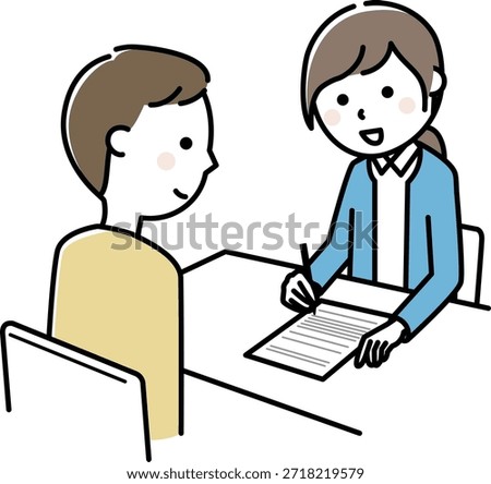 This is an illustration of a woman explaining something while looking at a document and a man listening to her.