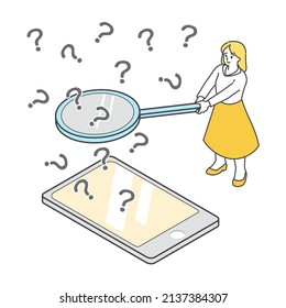 This is an Illustration of a woman holding a magnifying glass and searching on her smartphone.