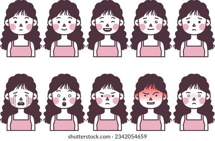 This is an illustration of a woman with a long perm expressing various emotions.