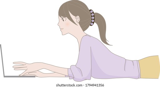 This is an illustration of a woman lying down and working on her laptop.