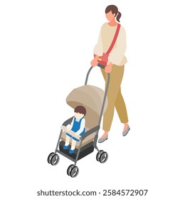 This is an illustration of a woman pushing a stroller with a child in it.