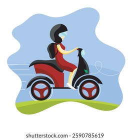 this is illustration of a woman riding a scooter. The person is wearing a helmet and a red dress and is carrying a backpack.  The image captures a sense of motion and modern transportation