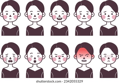 This is an illustration of a woman with a short cut expressing various emotions.