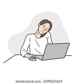 This is an illustration of a woman touching her laptop while talking on her phone. It is a hand-drawn illustration element.
