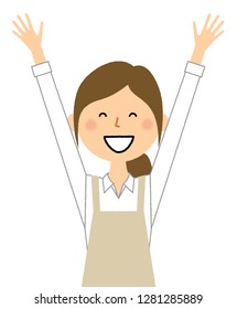This is an illustration of a woman wearing an apron raising her hands.