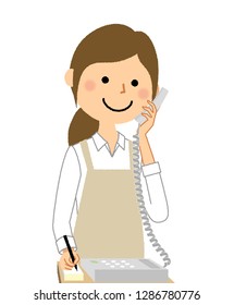 This is an illustration a woman wearing an apron is calling.