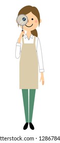 This is an illustration of a woman wearing an apron looking through the magnifying glass.