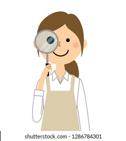 This is an illustration of a woman wearing an apron looking through the magnifying glass.