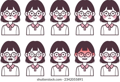 This is an illustration of a woman wearing glasses with an okappa head expressing various emotions.