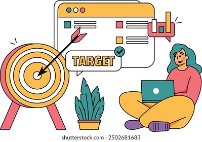 This illustration of women setting work targets shows the pinnacle of dedication and collaboration as the team celebrates achieving their targets.