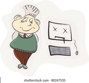 This is a illustration of a worker and his broken computer