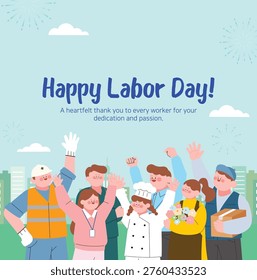 This is an illustration of workers looking happy on Labor Day.