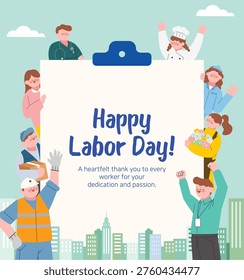 This is an illustration of workers looking happy on Labor Day.