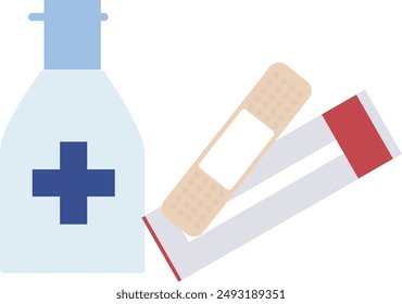 This is an illustration of a wound self-care set (antiseptic and bandage).