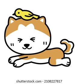 This is an illustration of a yellow bird riding on the head of a laughing Akita dog.
Fun and cute vector illustrations.