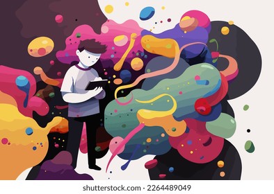 In this illustration, a young boy is seen standing in a vibrant, neon-colored digital world. He is interacting with his digital device, which is emitting all sorts of shapes and symbols. 