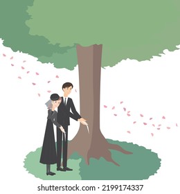 This is an illustration of a young couple burying a tree.