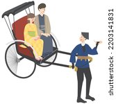 This is an illustration of a young couple of men and women riding a rickshaw in a kimono and sightseeing in Kyoto.